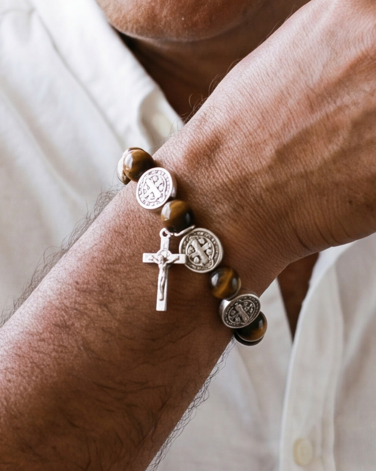 The Benedict Tiger's Eye bracelet worn, second close-up, true to size