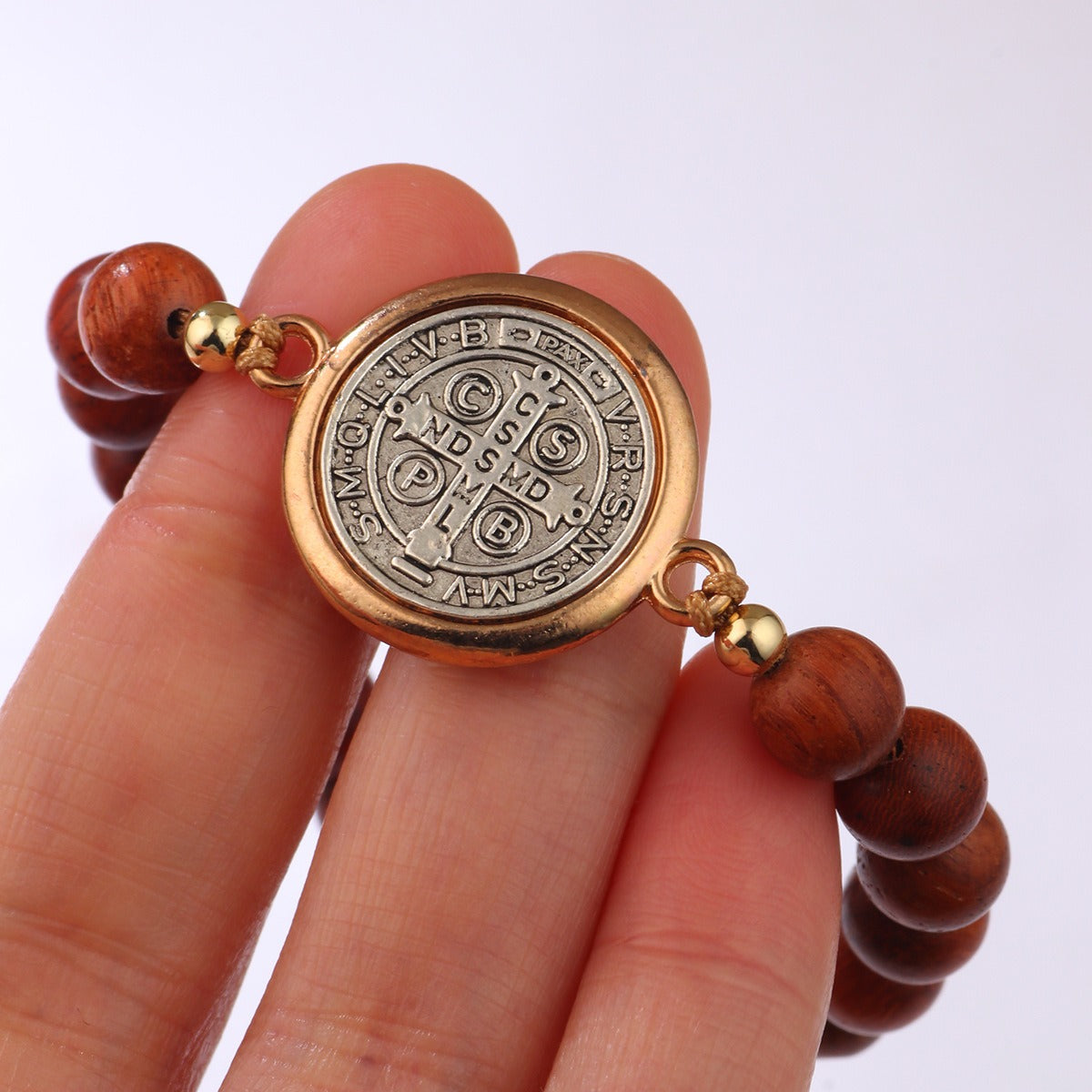 The Benedict Wood Beads, Wood Bead Bracelet with Two-Sided Saint Benedict Medal, view 2