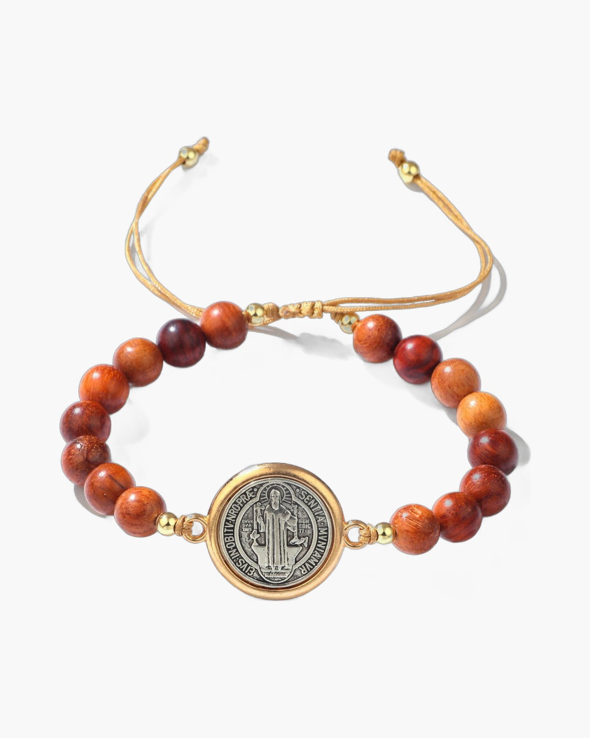 The Benedict Wood Beads, Wood Bead Bracelet with Two-Sided Saint Benedict Medal