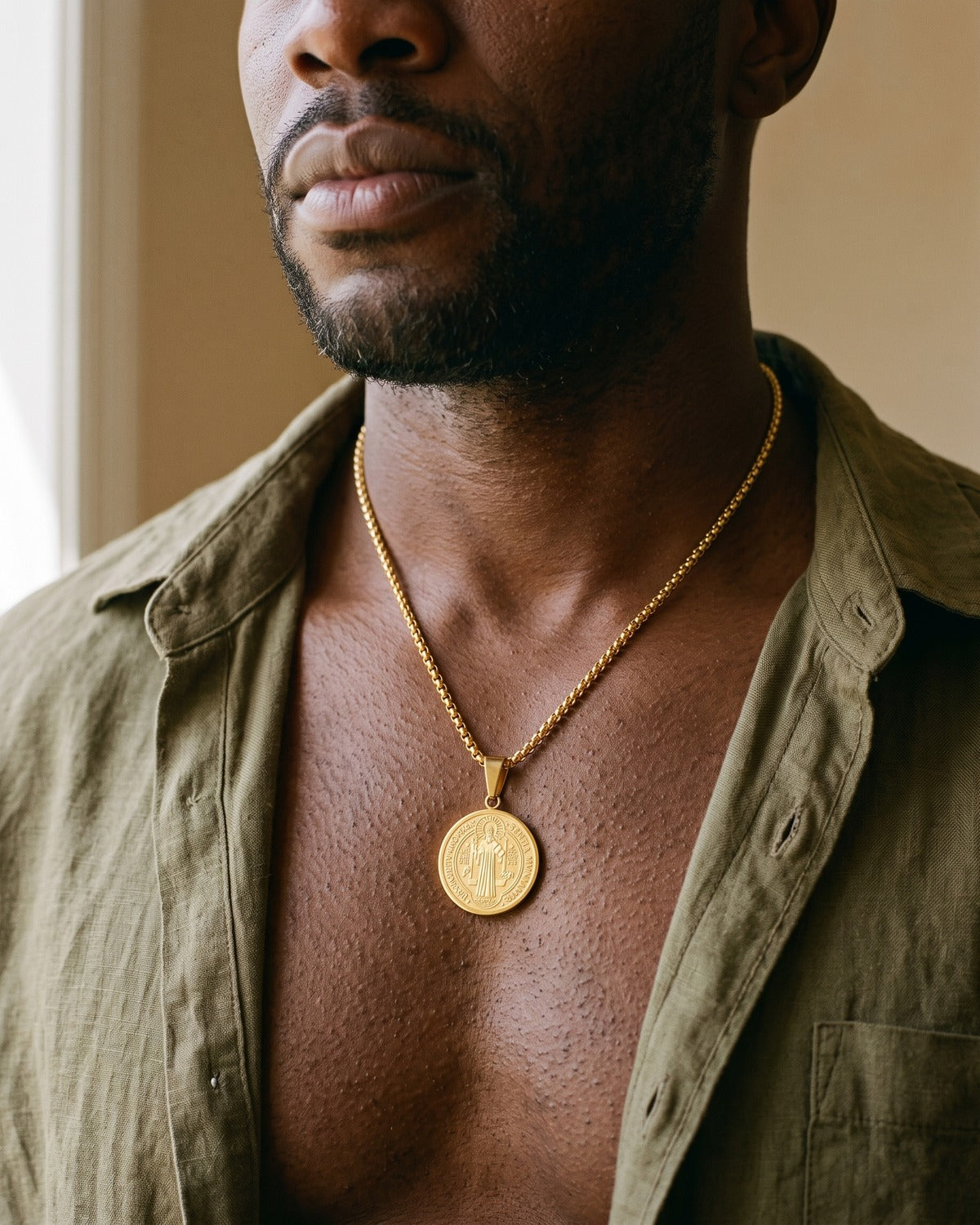 Close-up of the Benedictine Medal as worn, true to size