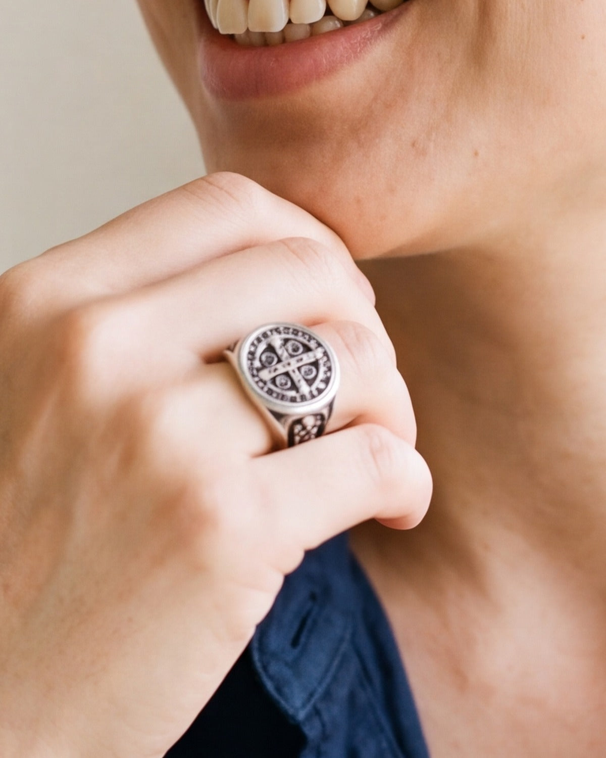 The Benedictine Ring worn, hand close-up, true to size [c:silver]