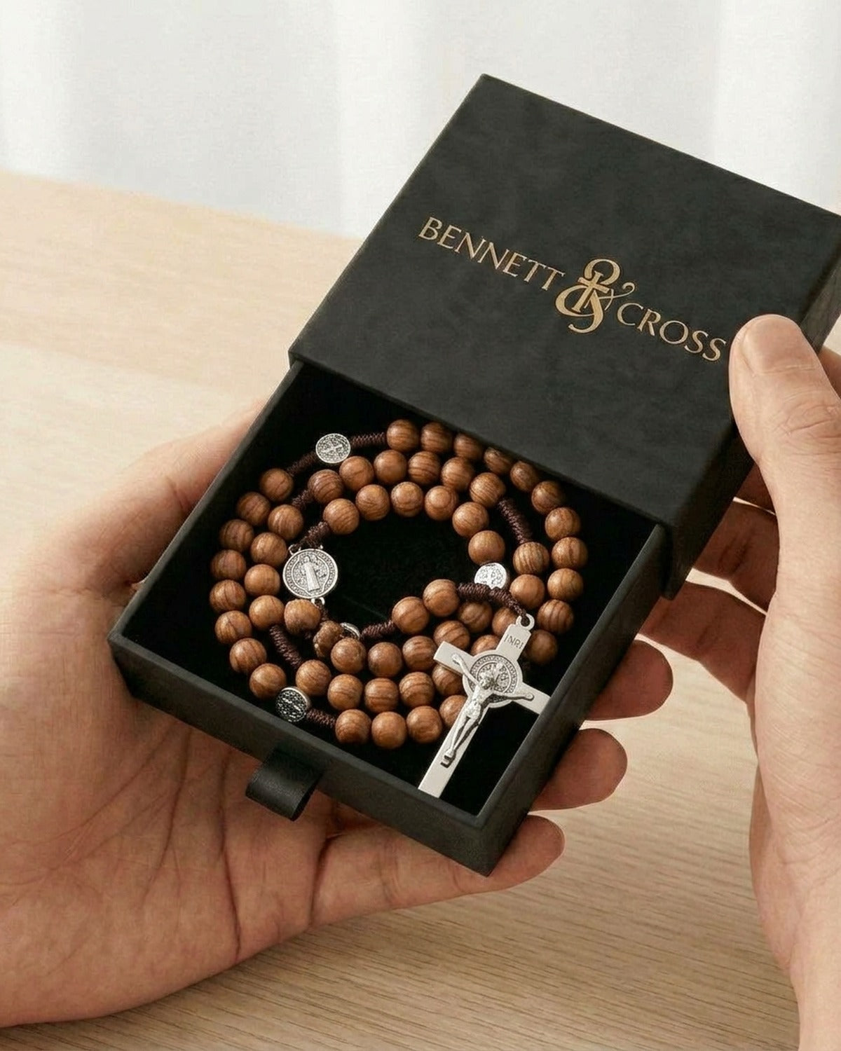 The Benedictine Rosary in its black Bennett & Cross gift box