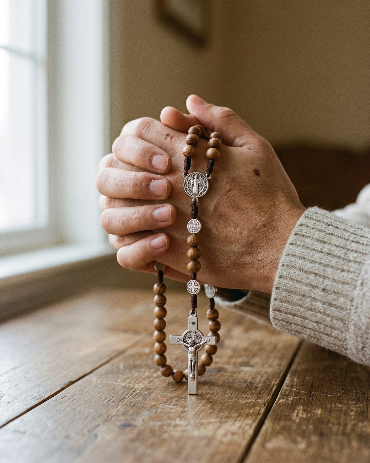 Man's hands holding the Benedictine Rosary