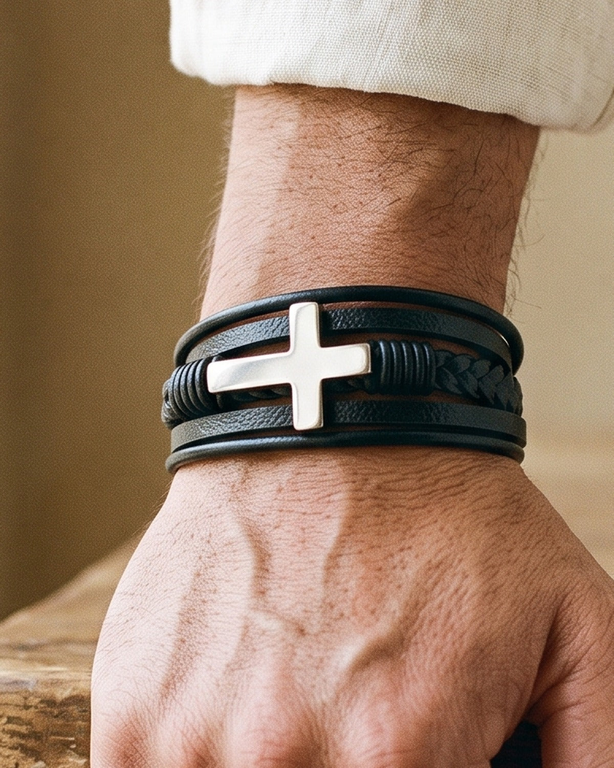 The Braided Devotion worn by a man, close-up, true to size [c:silver]