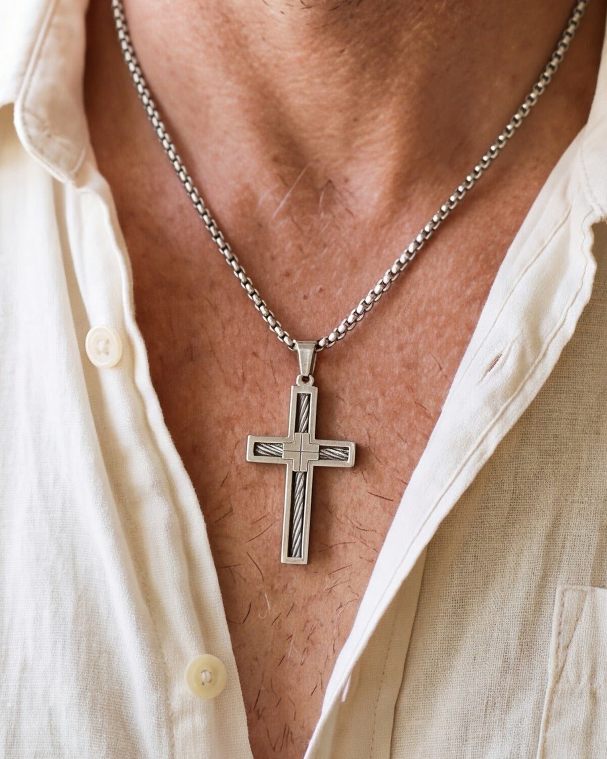 The silver Cable Cross worn, close-up, true to size [c:silver]