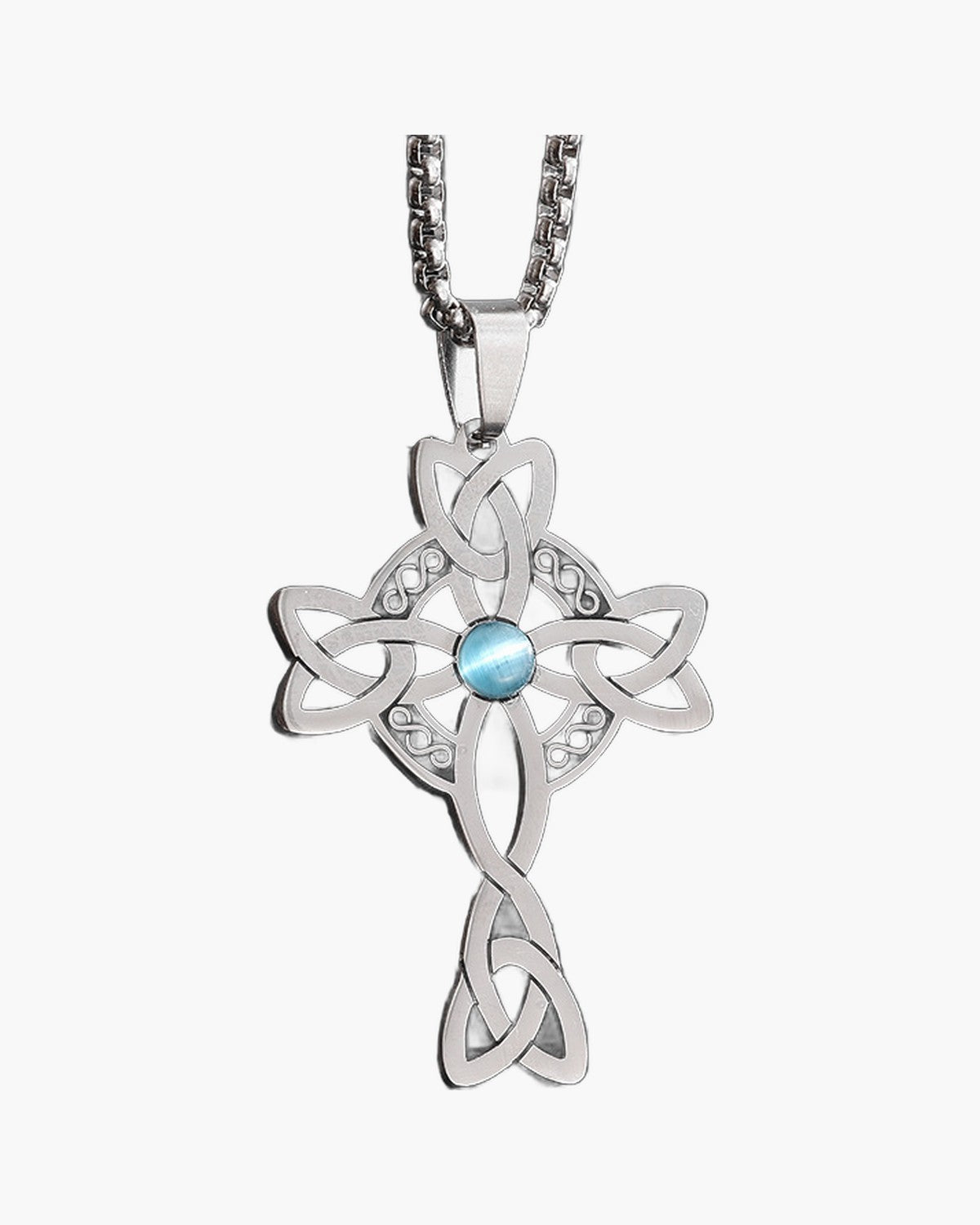 The Celtic Knot Cross, Stainless Steel Celtic Cross Necklace with Blue Stone