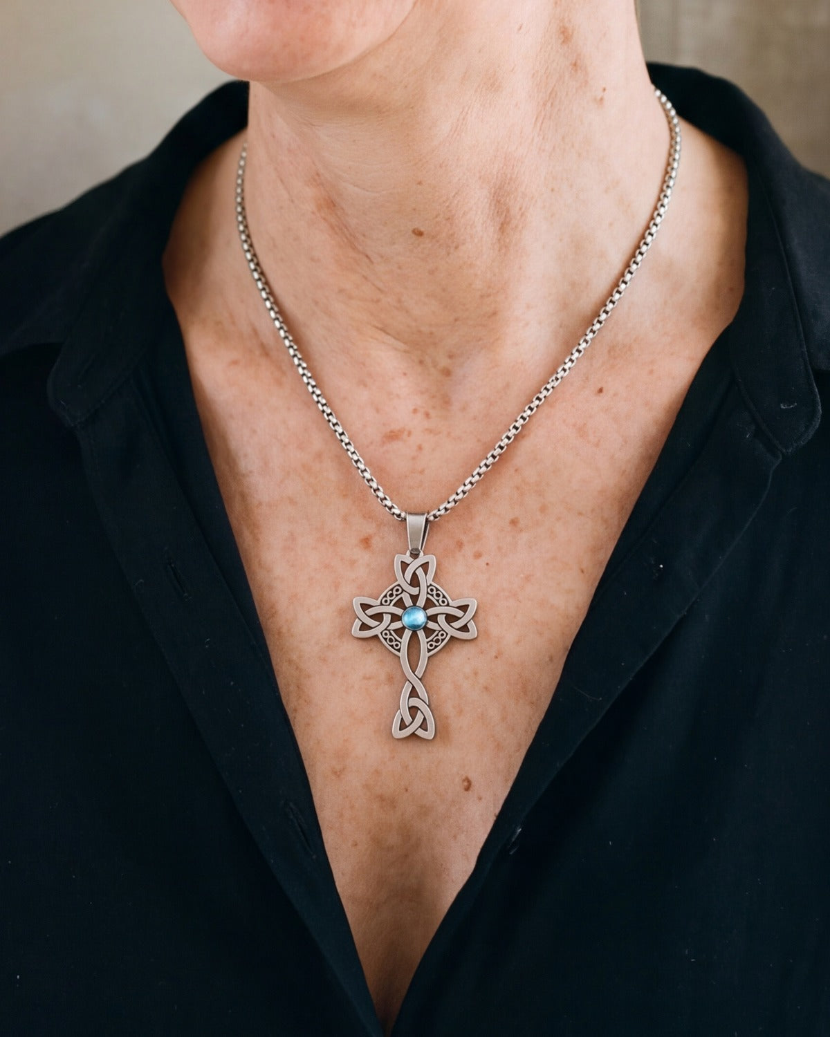 The silver Celtic Knot Cross worn, close-up, true to size [c:silver]