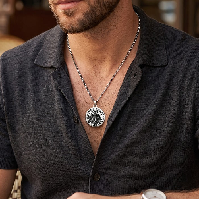 The Christopher Coin, Saint Christopher Protect Us Coin Necklace in Stainless Steel, view 4