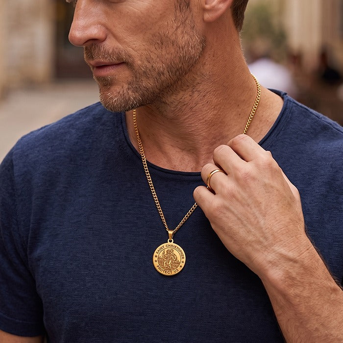 The Christopher Coin, Saint Christopher Protect Us Coin Necklace in Stainless Steel, view 5