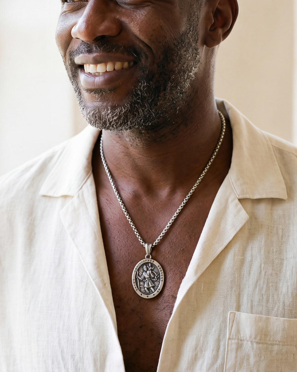 The Christopher Crossing worn by a man, close-up from chin to chest, true to size