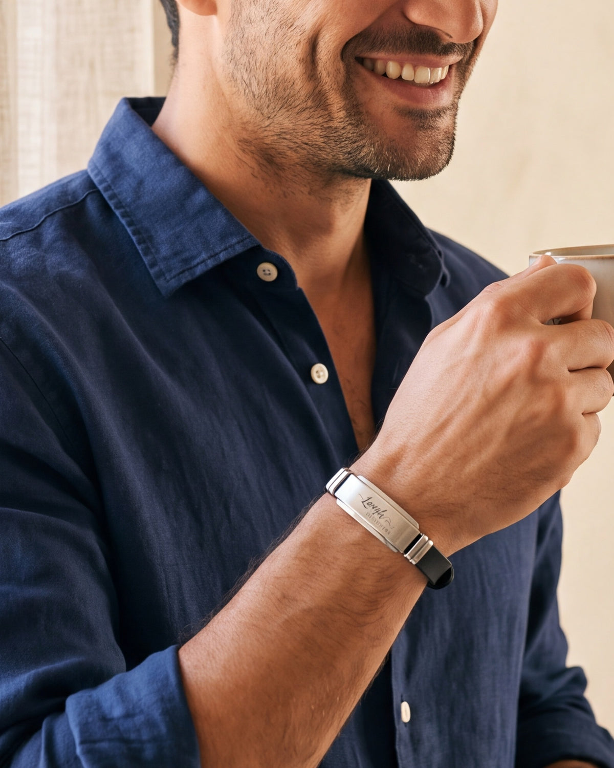 The Courageous Script worn by a smiling man, close-up on the scripture bracelet