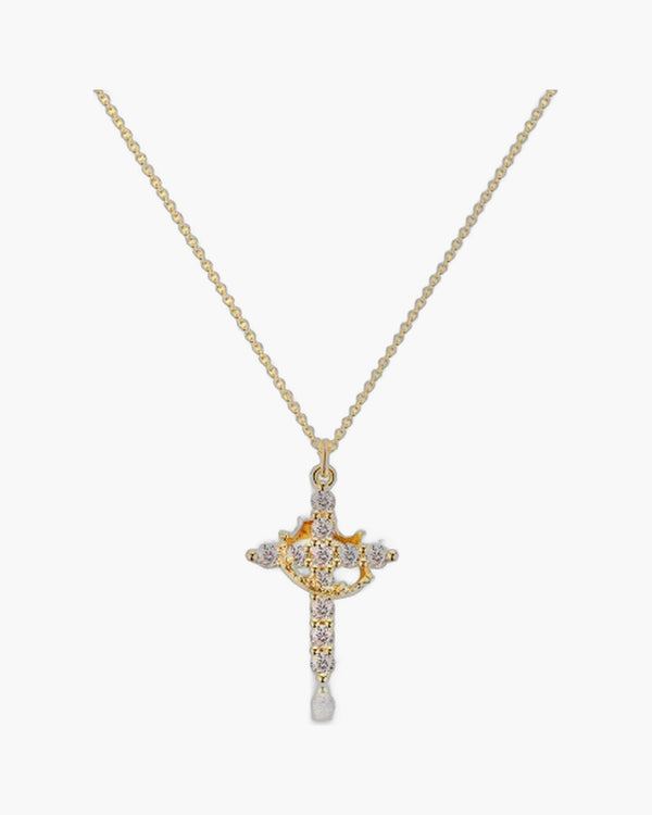 The Crowned Cross Stainless Steel Cross Necklace with Gems view 2