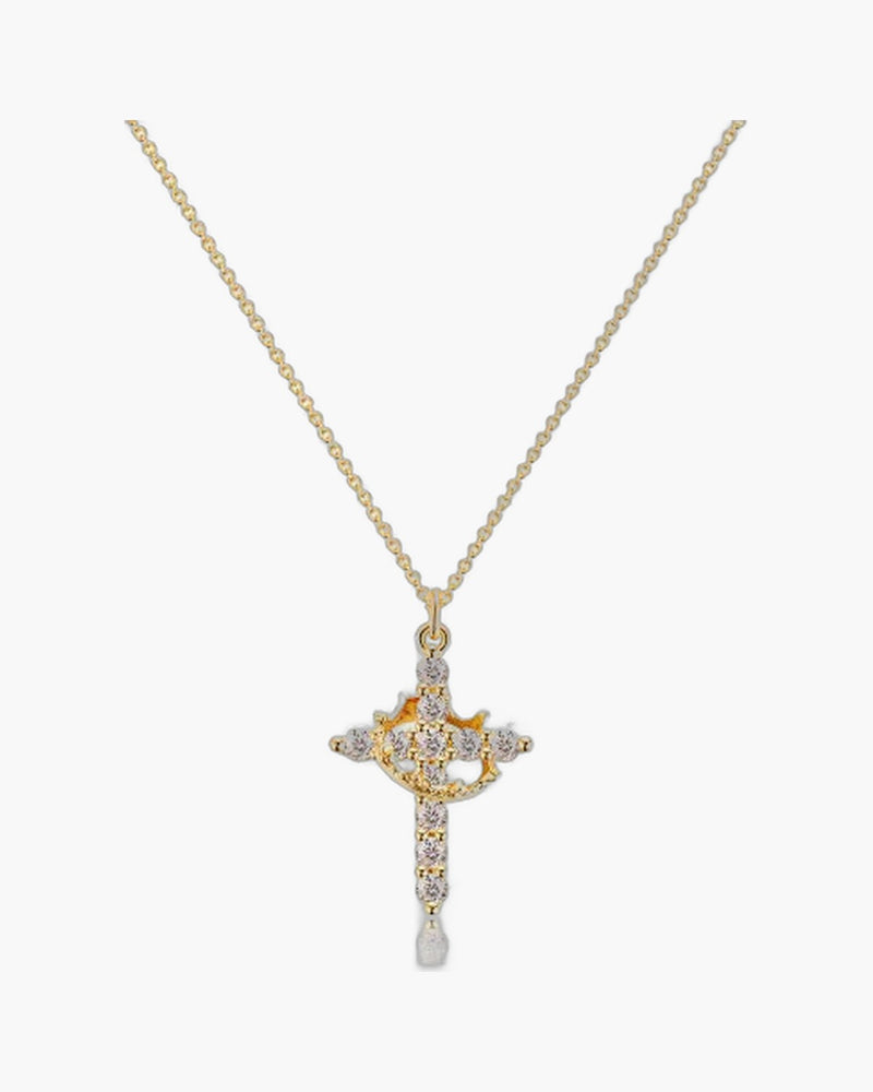The Crowned Cross Stainless Steel Cross Necklace with Gems view 2