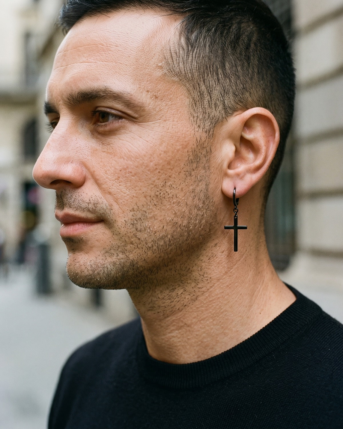 Man wearing the black Dark Cross