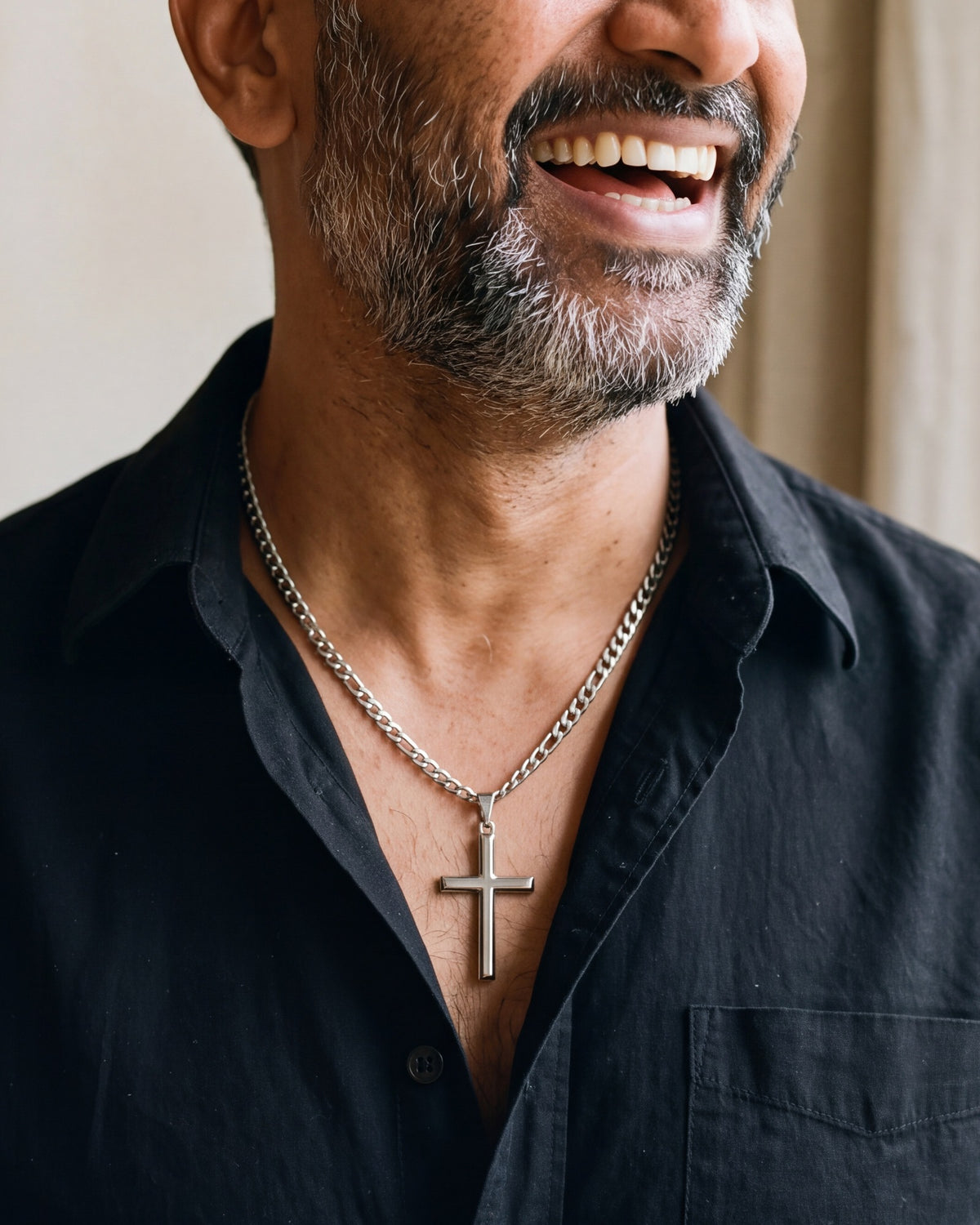 The Devotional Cross worn by a man, close-up from chin to chest, true to size [c:silver]