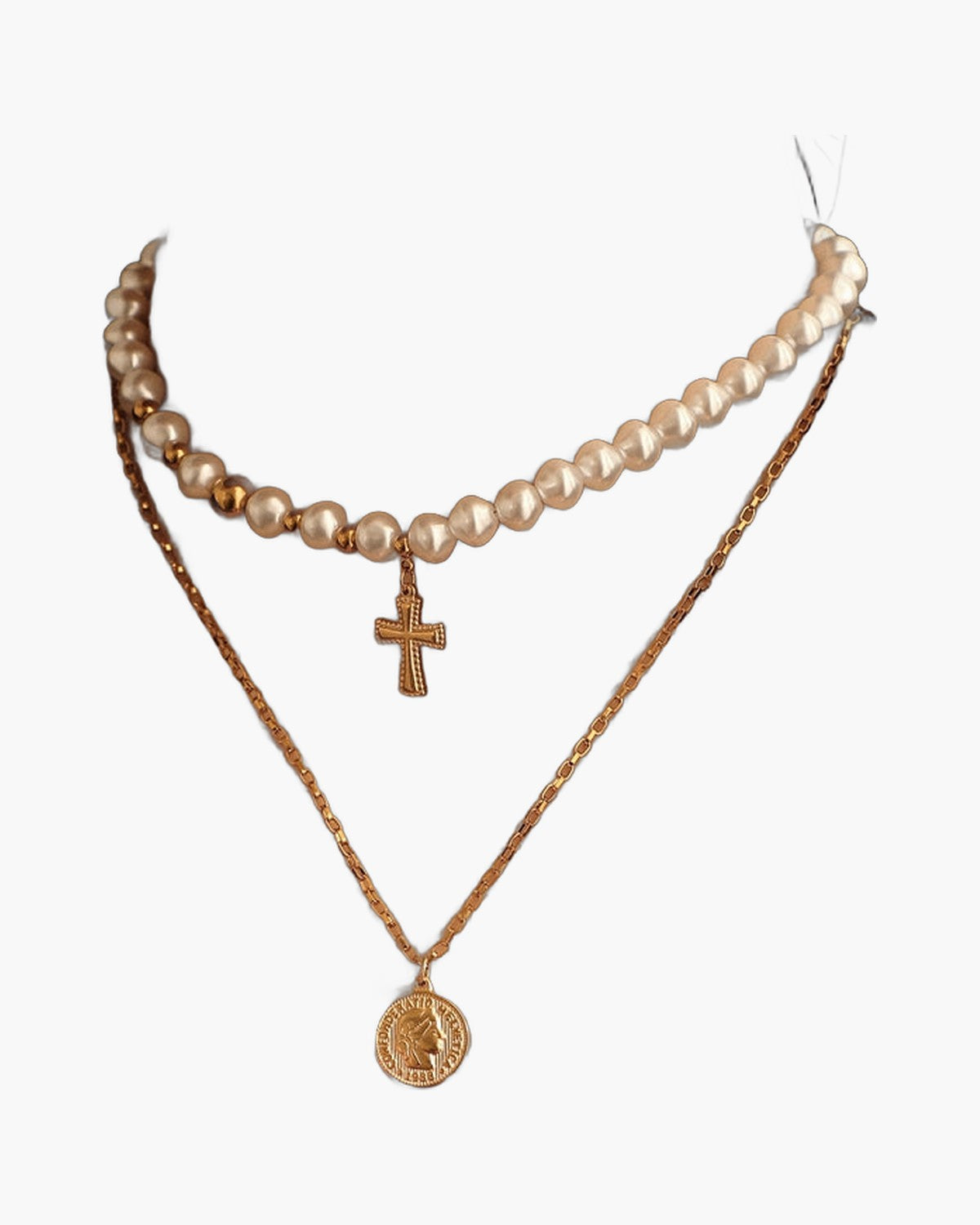 The Devout Layers Stainless Steel Pearl Cross Coin Necklace view 3