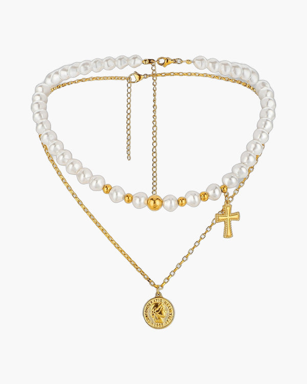The Devout Layers Stainless Steel Pearl Cross Coin Necklace