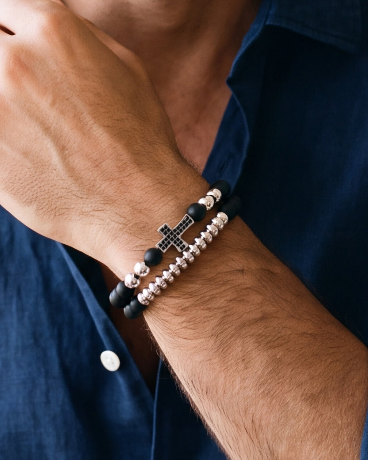 The Devout Strand bracelets worn, second close-up, true to size [c:silver]