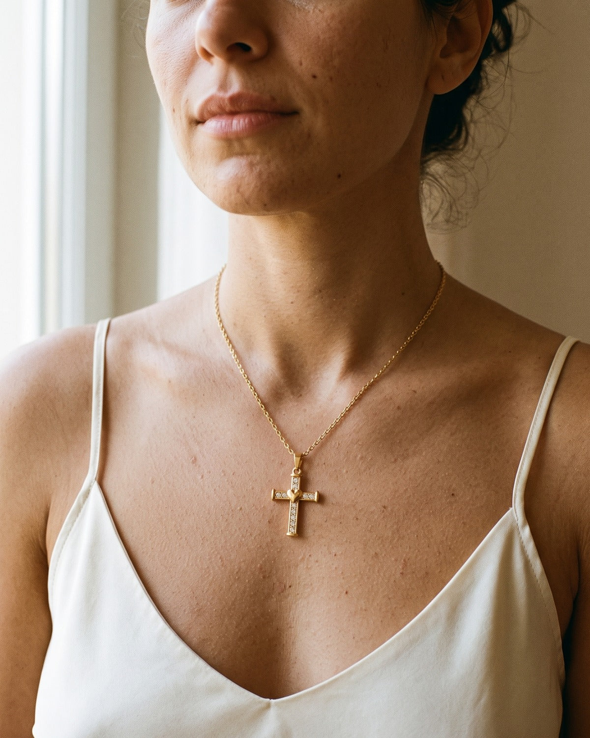 Close-up of the Enduring Heart Cross as worn, true to size