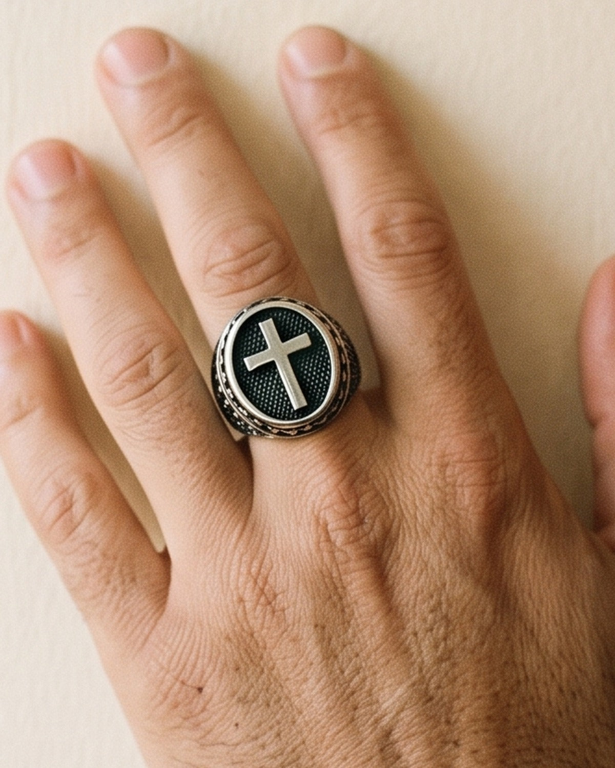 The Enduring Mark worn by a man, close-up, true to size [c:antique-silver]