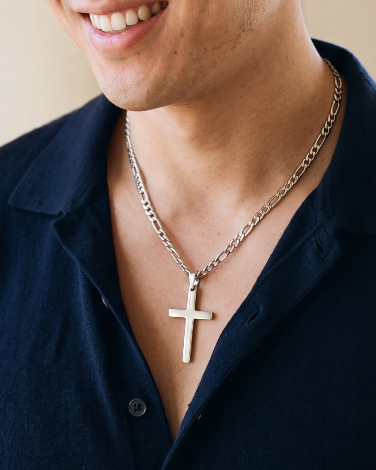 The Gilded Cross worn by a man, close-up from chin to chest, true to size [c:silver]