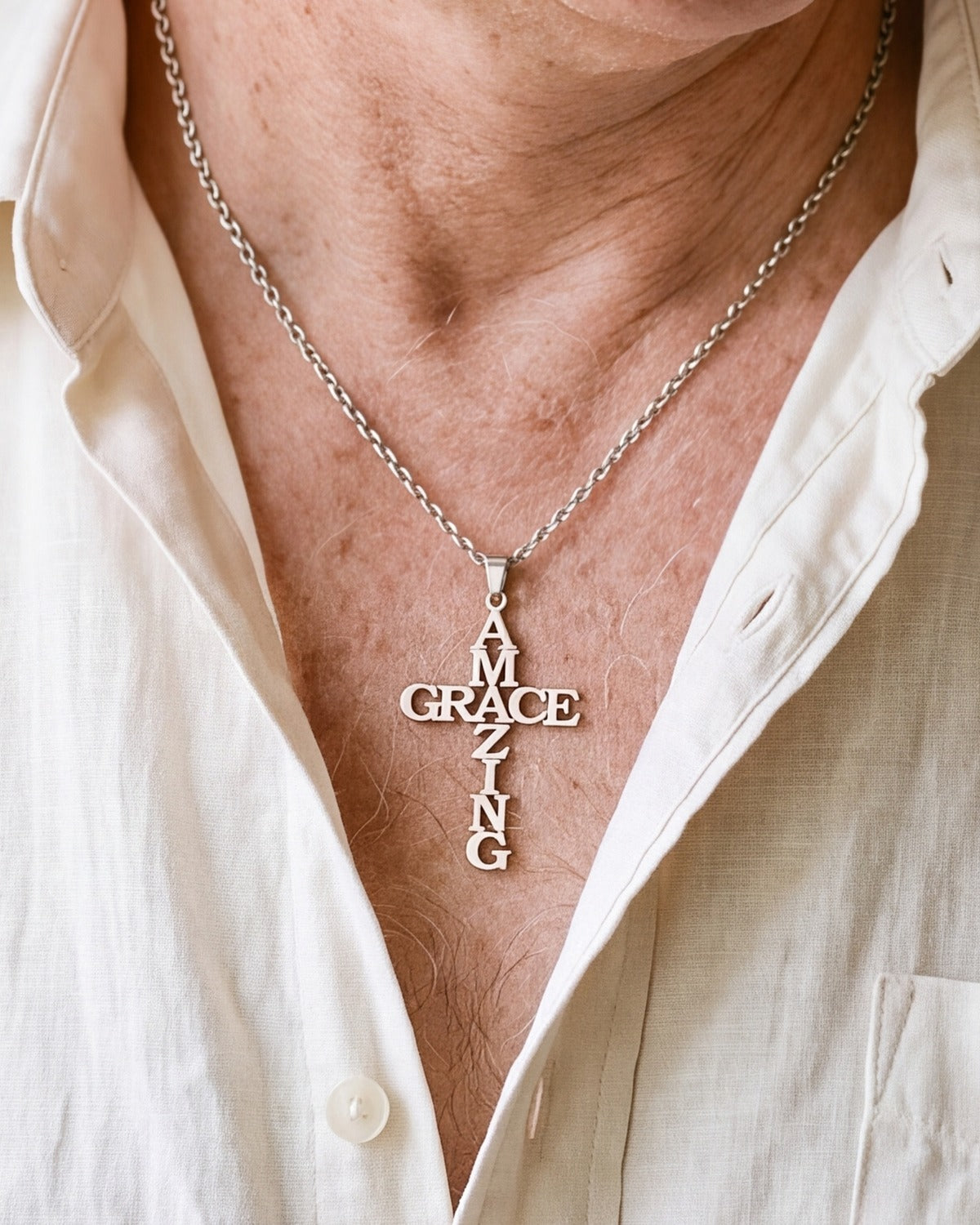 The silver Graced Cross worn, close-up, true to size [c:silver]