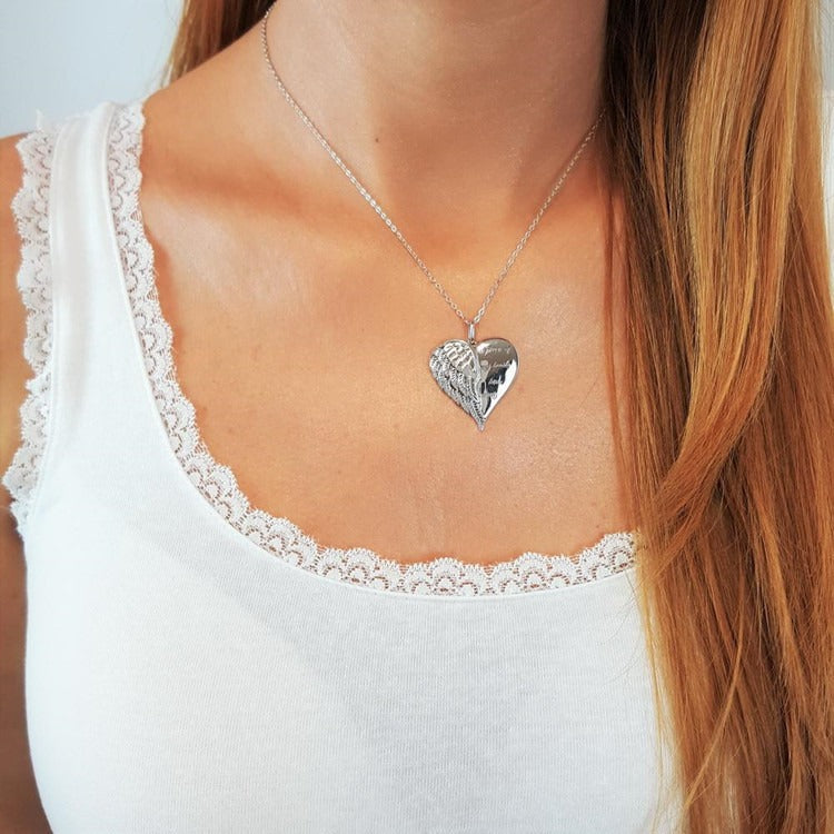 The Heart with Wings, Engraved Angel Wing Heart Remembrance Necklace, view 4