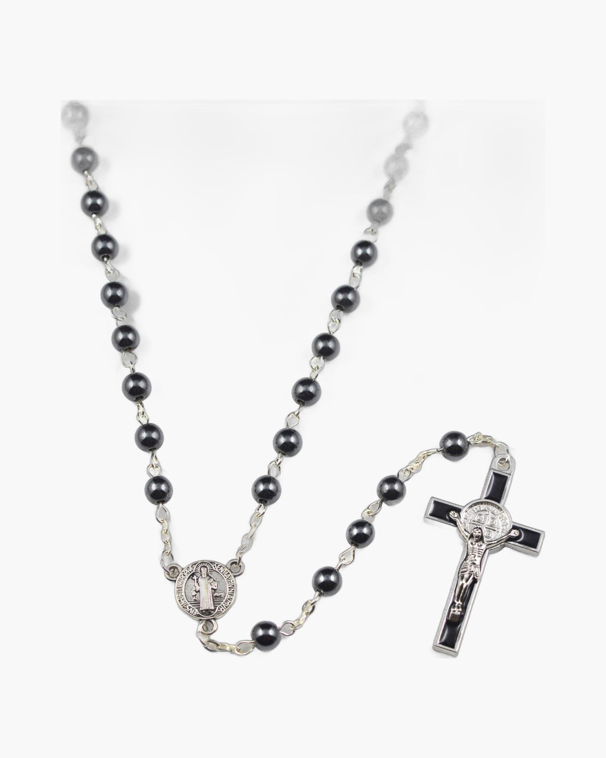 The Hematite Rosary, Hematite Bead Rosary with Saint Benedict Crucifix