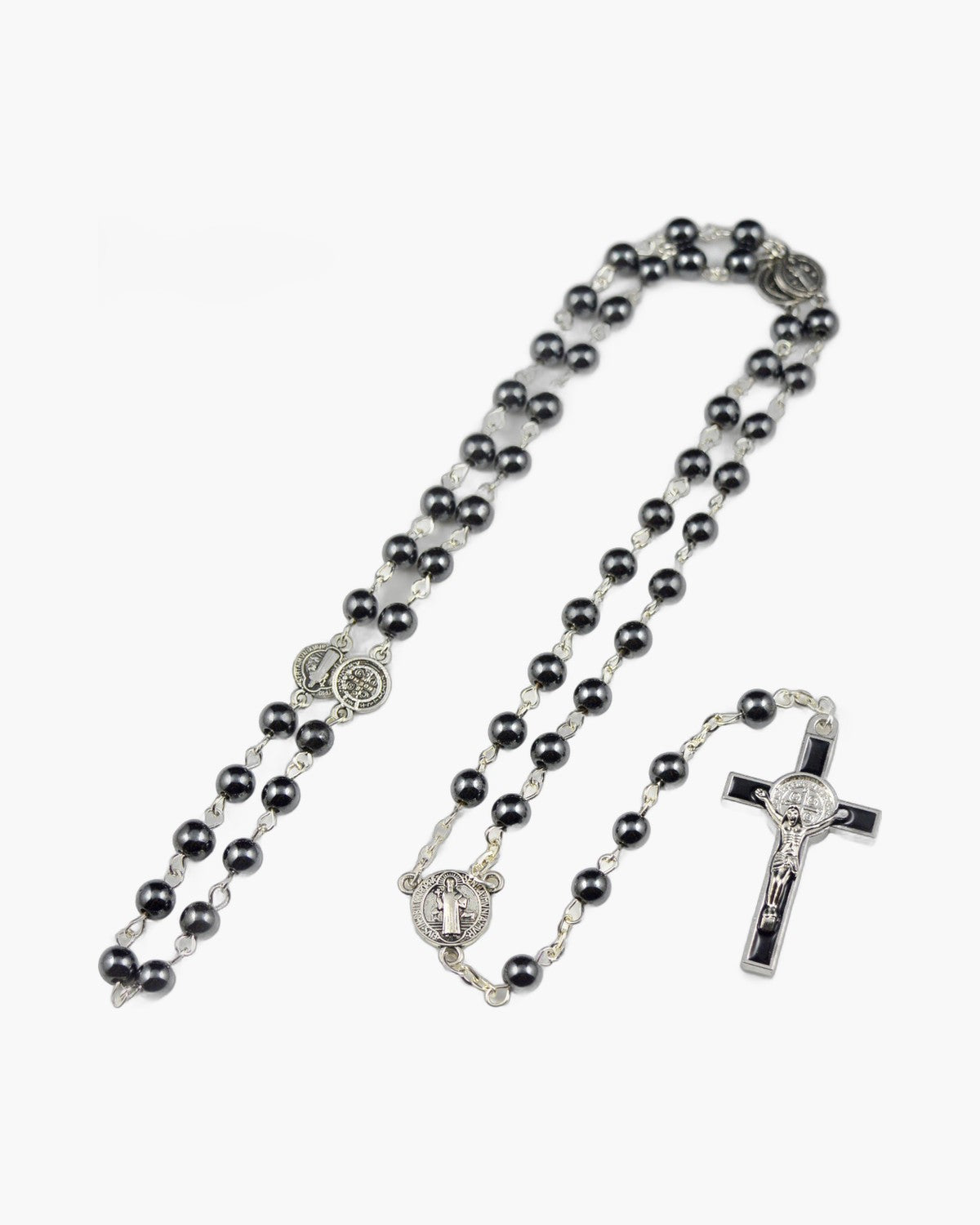 The Hematite Rosary, Hematite Bead Rosary with Saint Benedict Crucifix, view 2