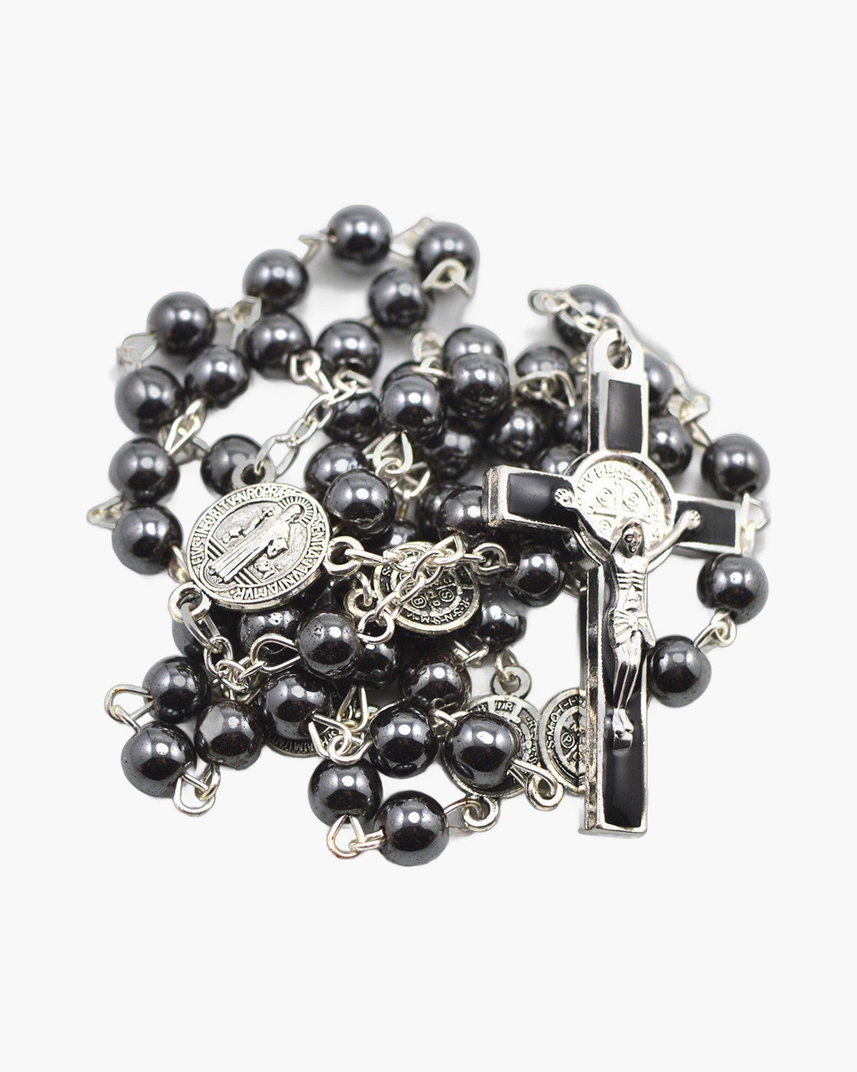 The Hematite Rosary, Hematite Bead Rosary with Saint Benedict Crucifix, view 3