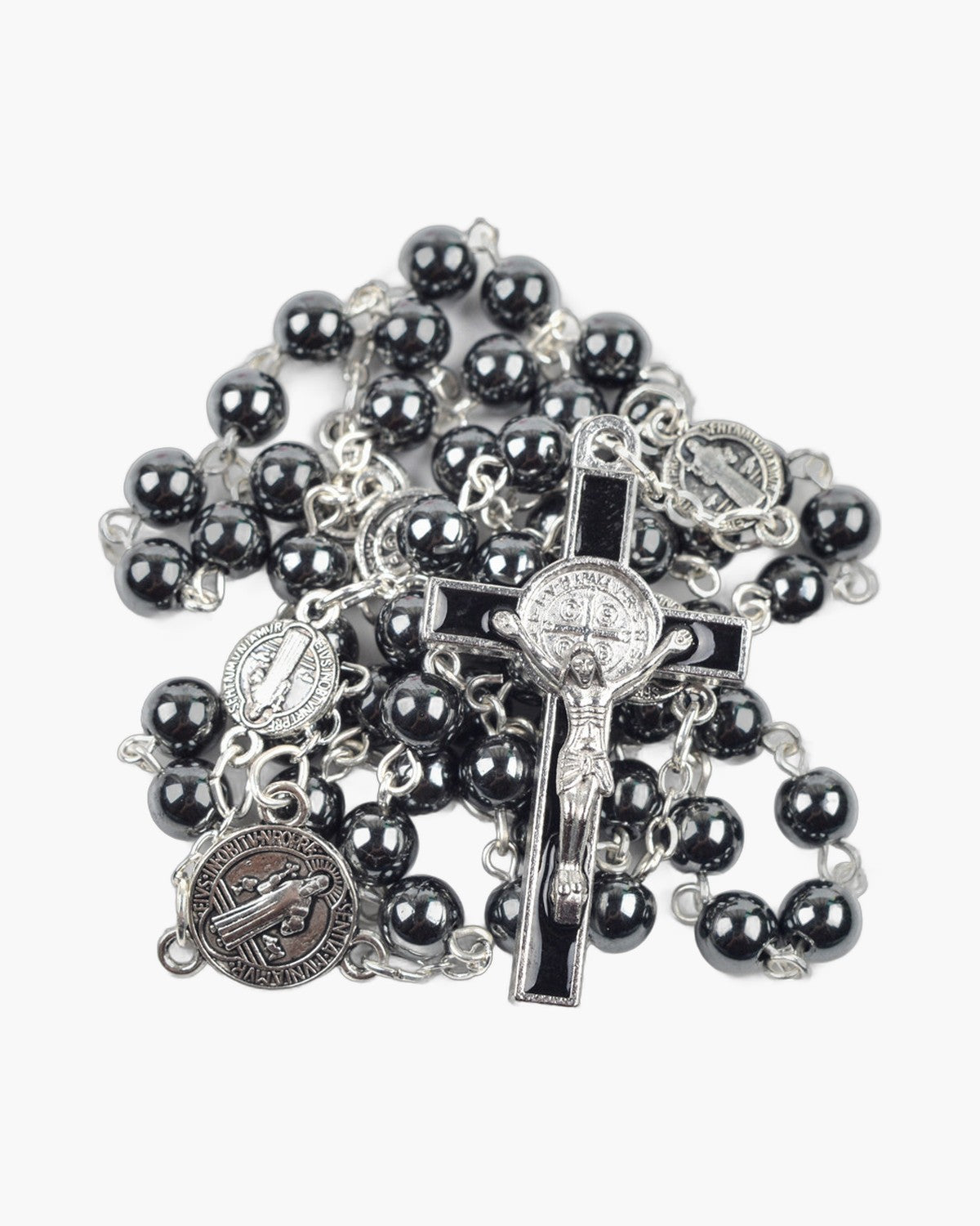 The Hematite Rosary, Hematite Bead Rosary with Saint Benedict Crucifix, view 4