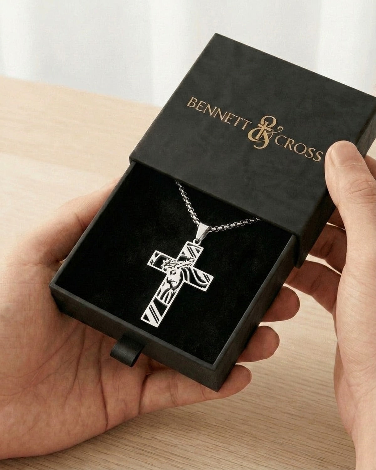 The Holy Visage in its black Bennett & Cross gift box