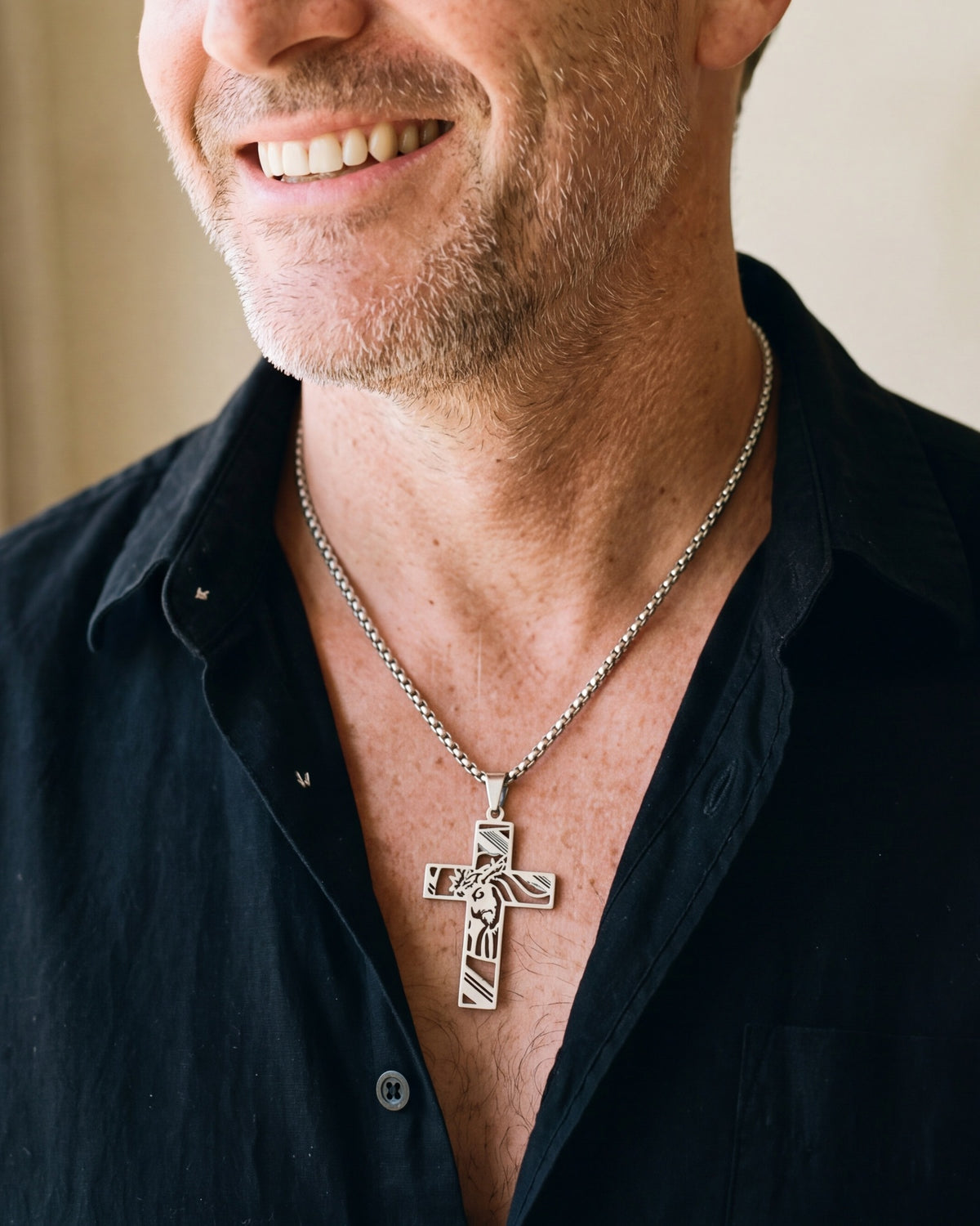 The Holy Visage cross worn, second close-up, true to size [c:silver]