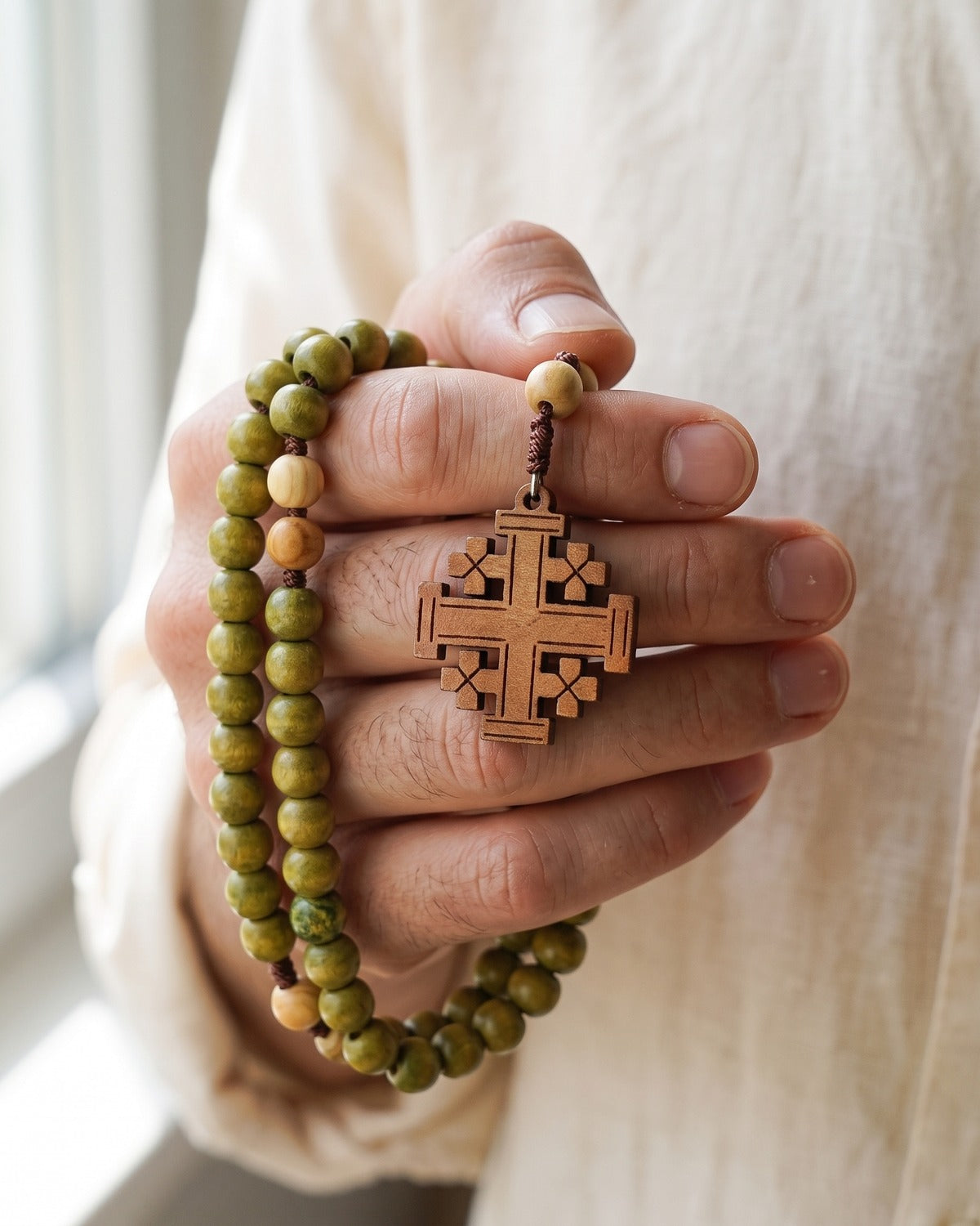 The Jerusalem Prayer rosary in the hand, true to size