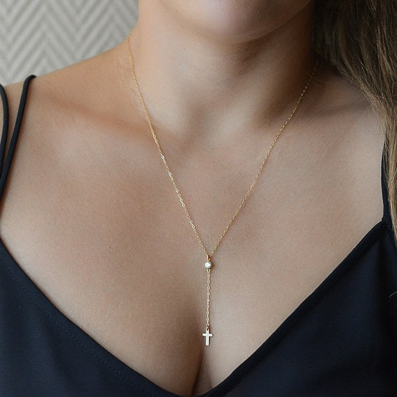 The Lariat Cross, Gold-Tone Y Necklace with Crystal and Small Cross, view 2