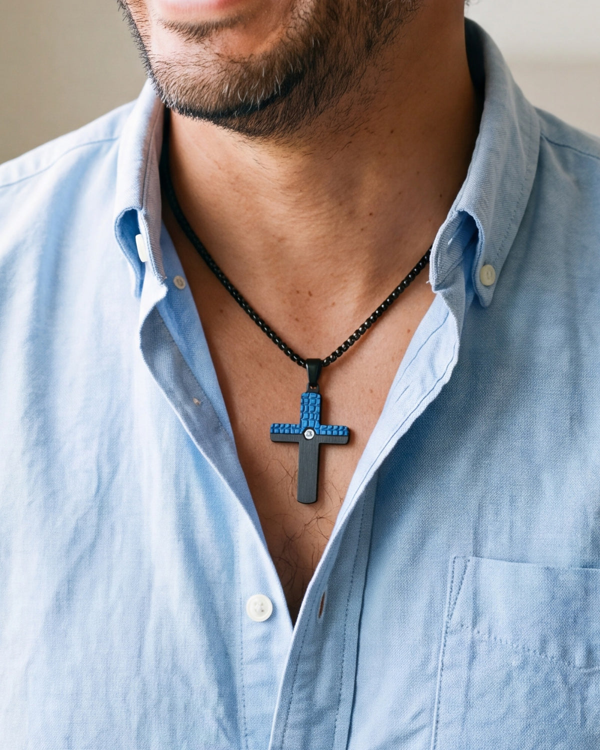 The Modern Cross worn, second close-up