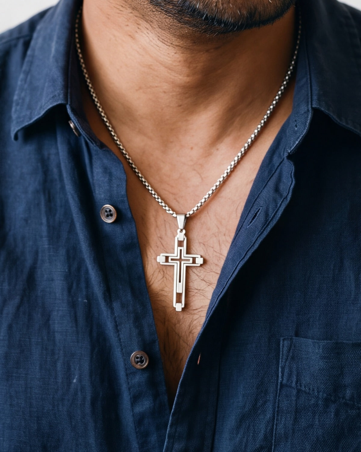 The Modern Devotion worn by a man, close-up, true to size [c:silver]