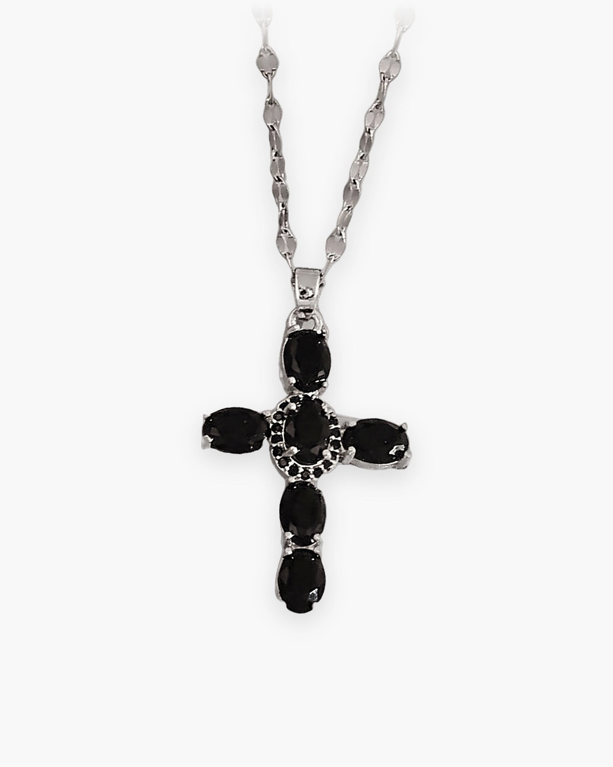 The Obsidian Cross in silver / black stones, front view [c:silver]