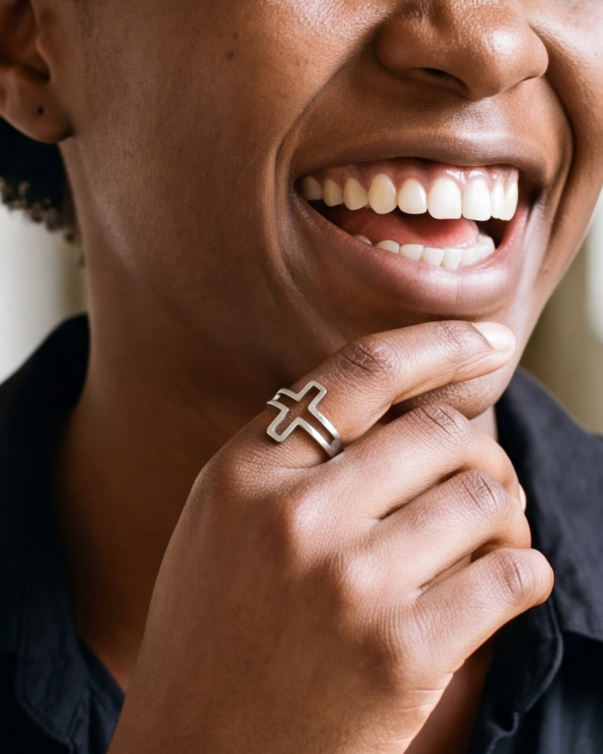 Smiling woman wearing the silver Open Cross Ring, close-up, true to size [c:silver]