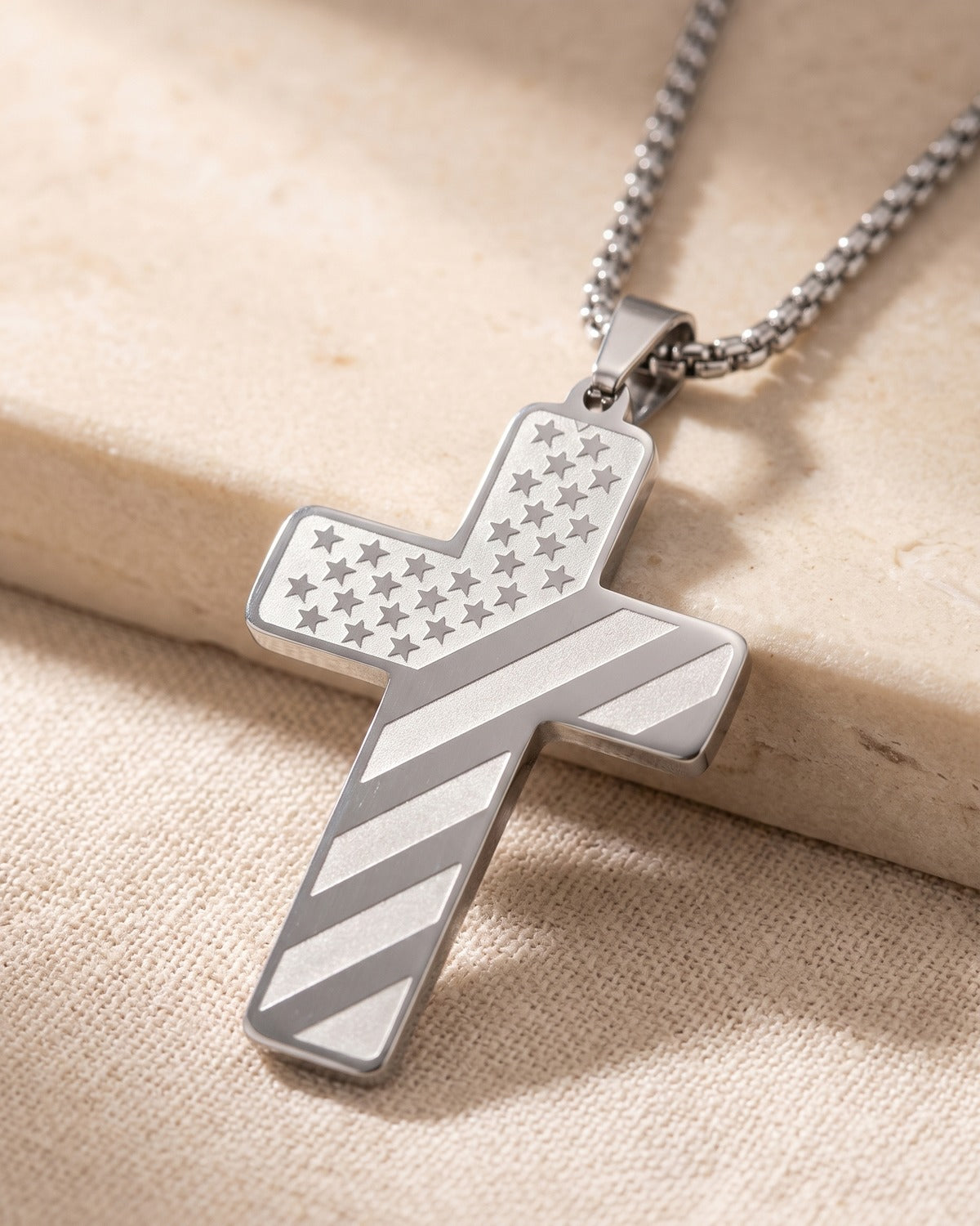 The Patriotic Scripture Cross, close-up of the flag cross pendant