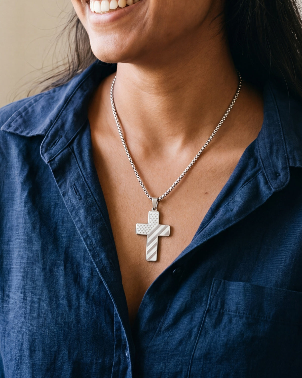 The Patriotic Scripture Cross worn, second close-up