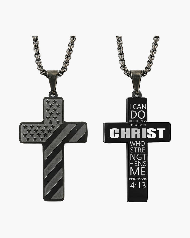 The Patriotic Scripture Cross Stainless Steel Cross Flag Necklace view 2