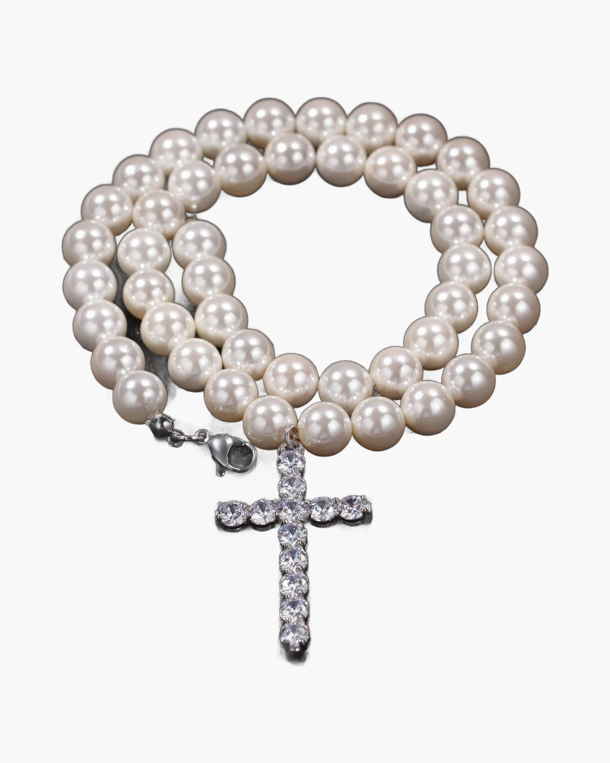 The Pearl Vigil, Pearl Bead Necklace with Clear Stone Cross