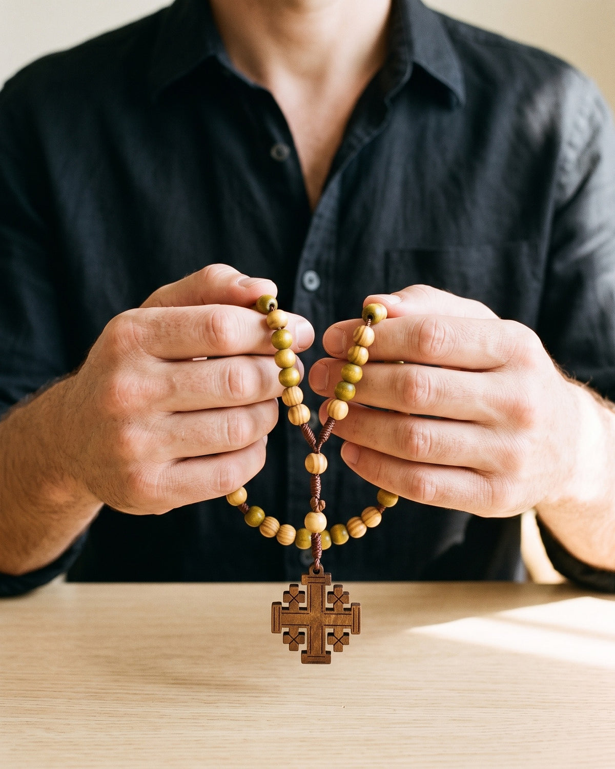 The Pilgrim's Rosary held in the hands, close-up, true to size