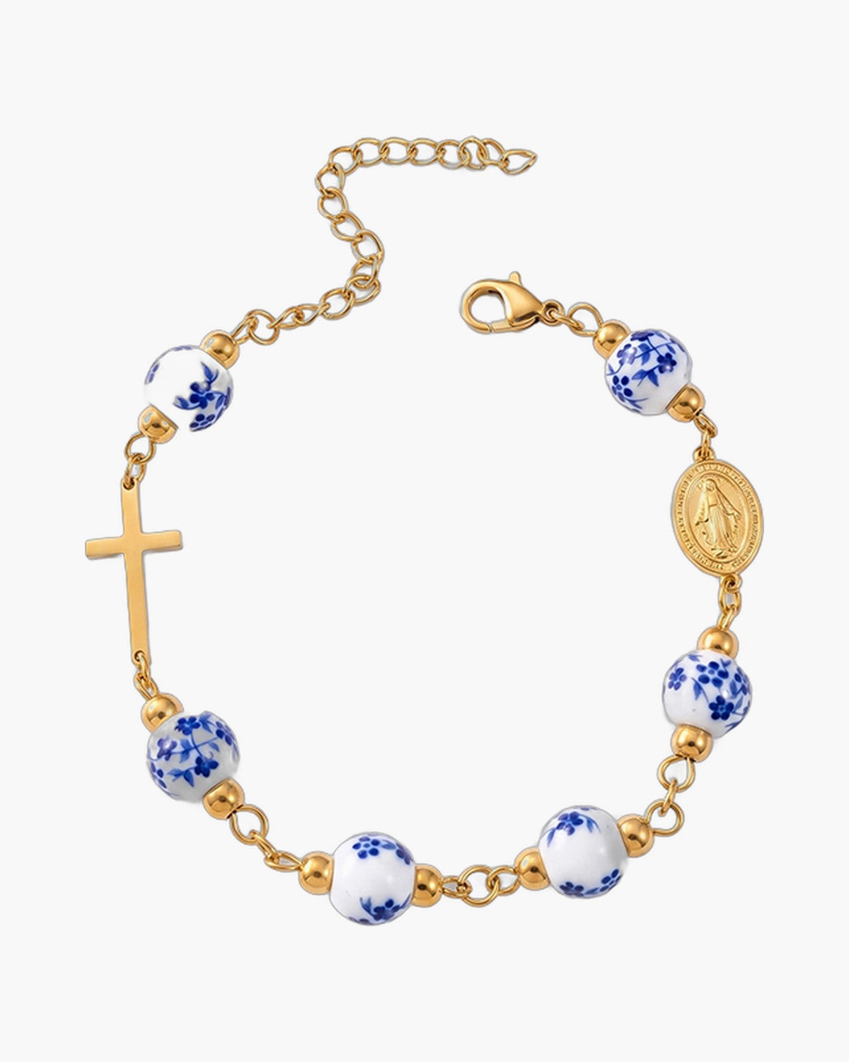 The Porcelain Grace, Miraculous Medal and Sideways Cross Bracelet with Painted Ceramic Beads