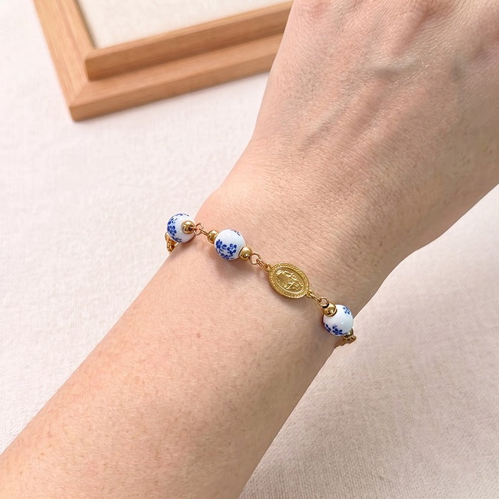 The Porcelain Grace, Miraculous Medal and Sideways Cross Bracelet with Painted Ceramic Beads, view 5