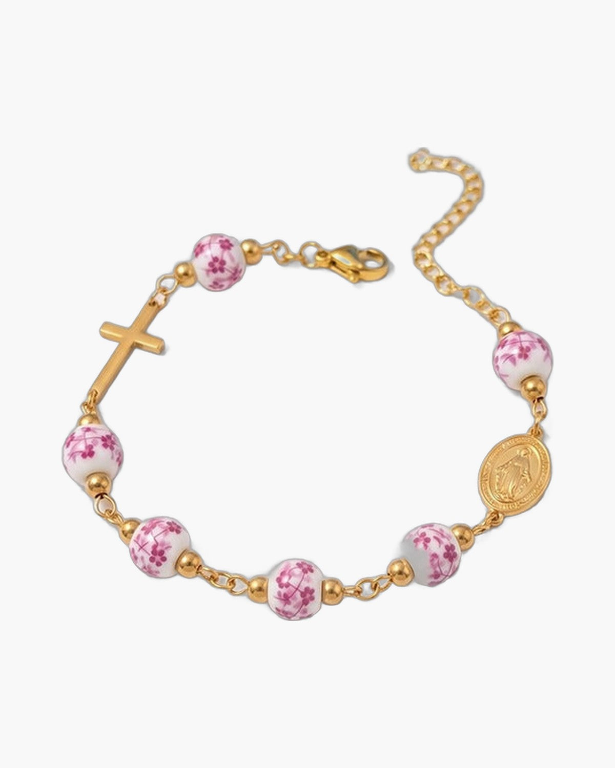The Porcelain Grace, Miraculous Medal and Sideways Cross Bracelet with Painted Ceramic Beads, view 4