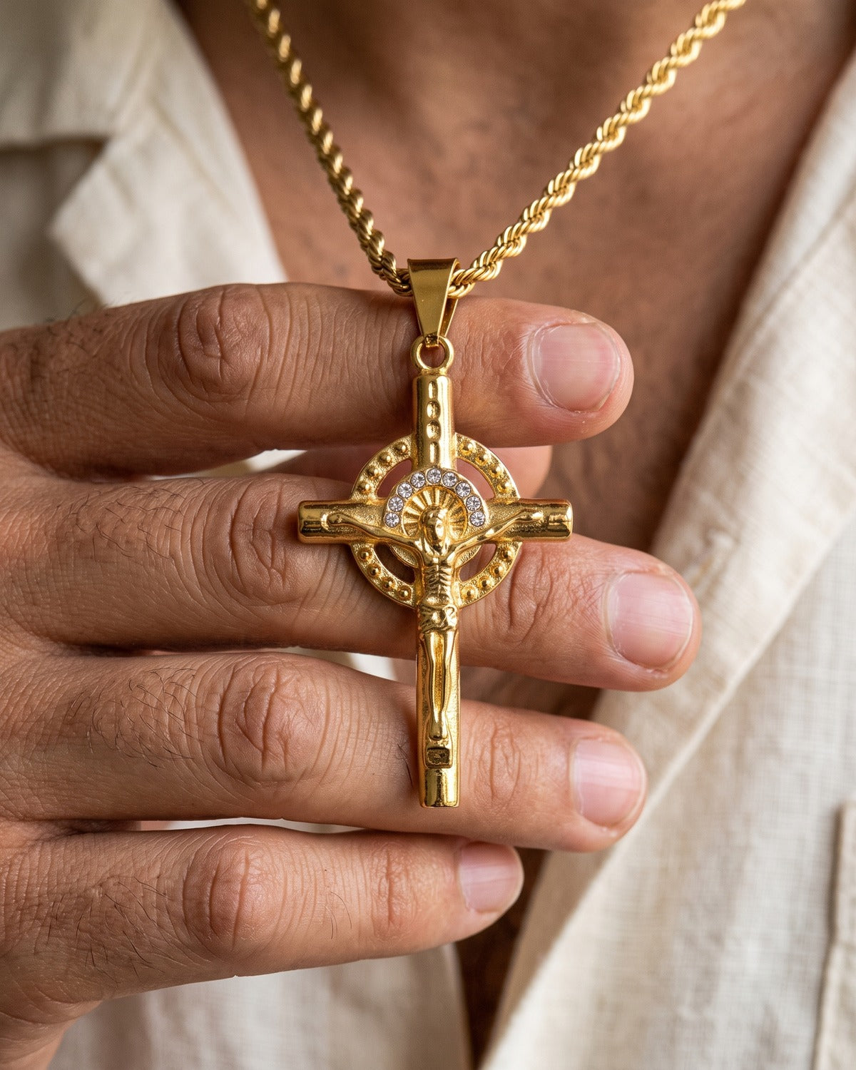 The Radiant Crucifix held in the hand, true to size
