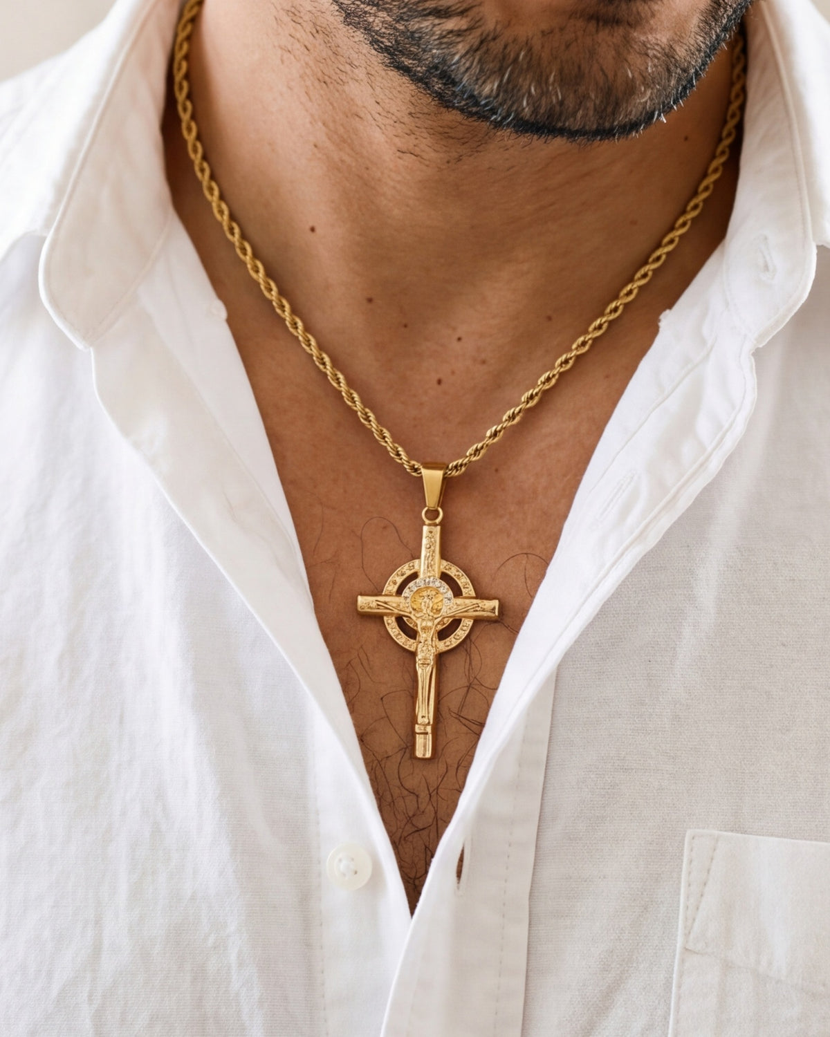 The Radiant Crucifix worn, second close-up, true to size