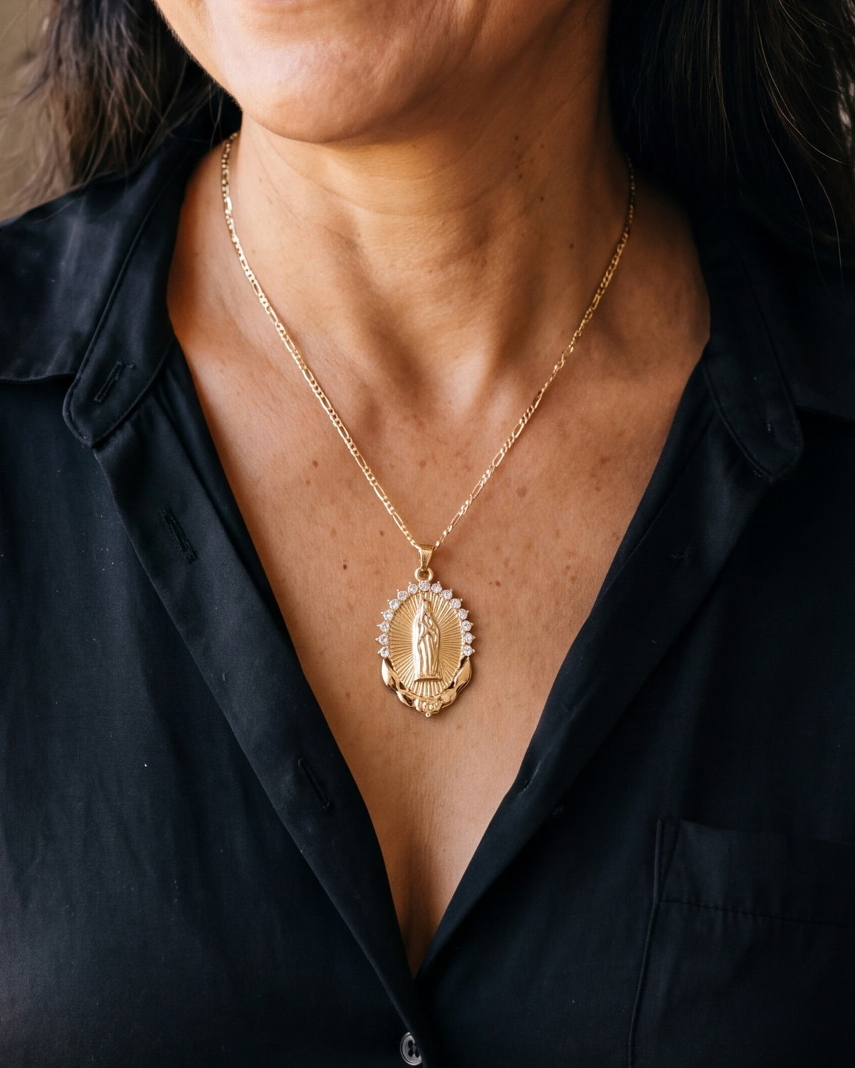 The Radiant Madonna medal worn, second close-up, true to size [c:gold]